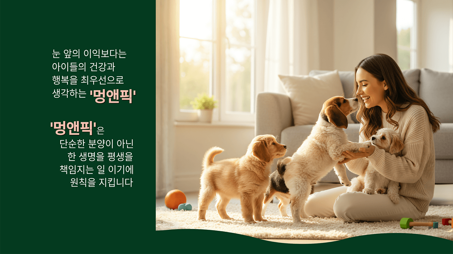 멍앤픽의 원칙: 여성과 강아지들이 행복하게 교감하는 모습