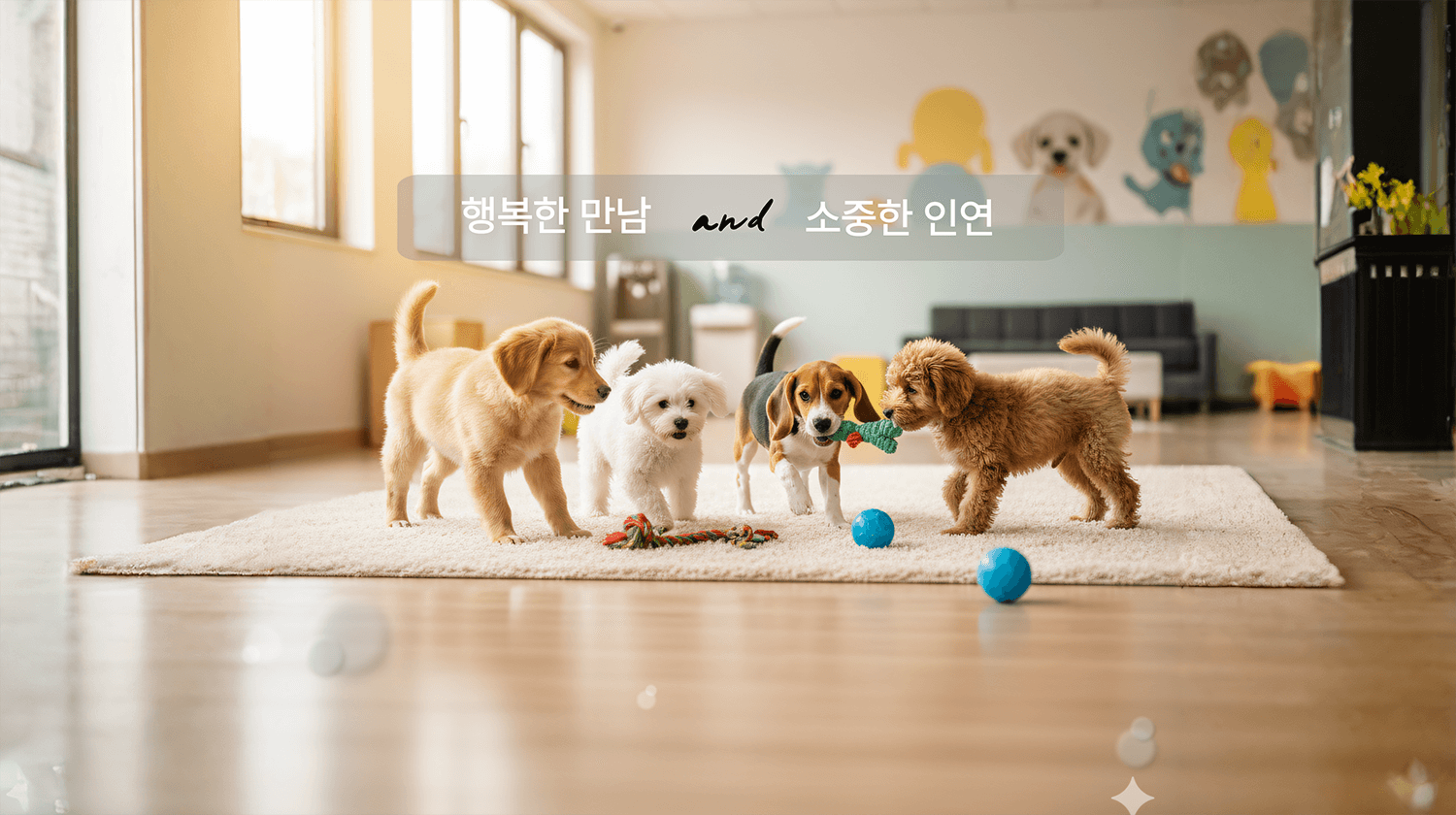 멍앤픽: 강아지들이 놀이방에서 함께 뛰어노는 모습