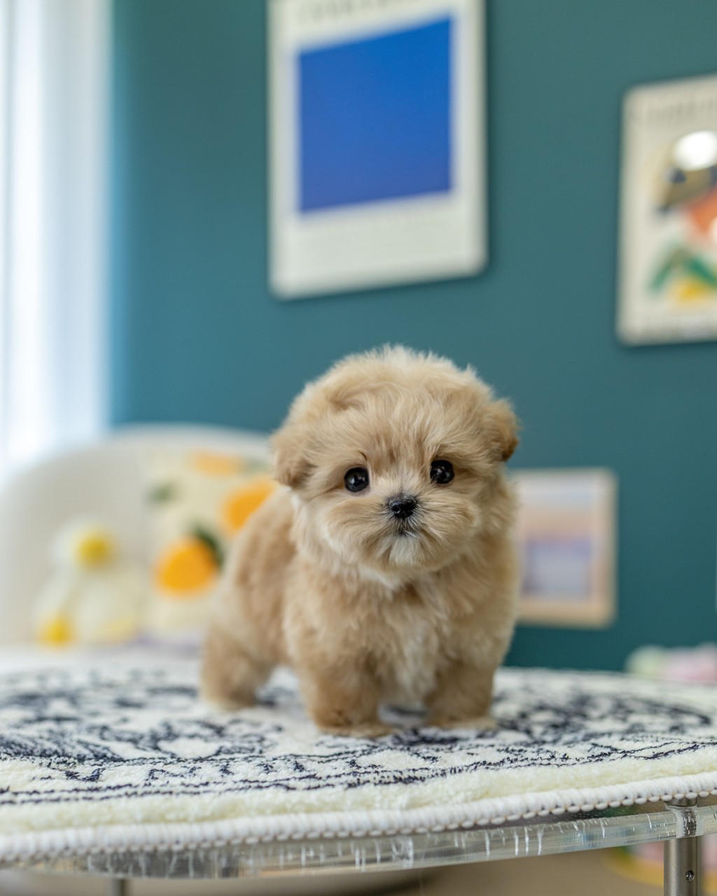 마포강아지분양 멍앤픽 라탄 의자 위 무지개 곰인형 옆에 앉아 정면을 응시하는 애프리코트 말티푸 여아 아기강아지